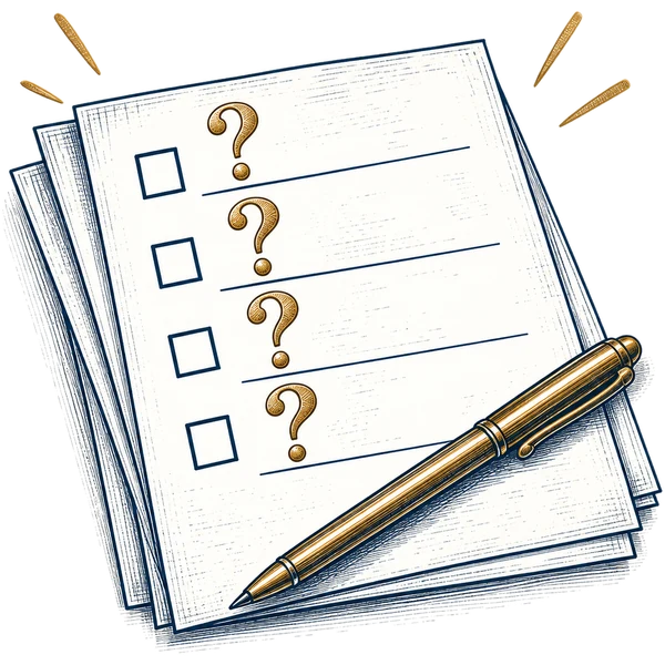 A list of questions and a gold pen