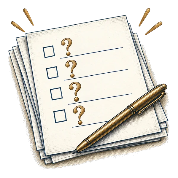 A list of questions and a gold pen
