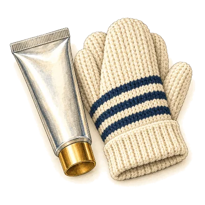 A tube of hand cream beside striped knit gloves