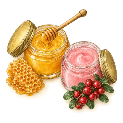 A jar of honey balm with a dipper and a jar of pink balm with red berries