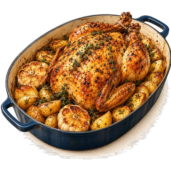 A golden roast chicken in a blue roasting dish with potatoes and garlic