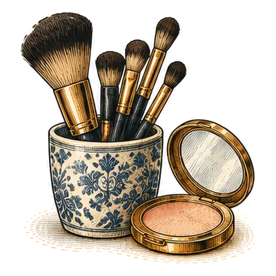 Makeup brushes in a blue and white pot beside an open powder compact