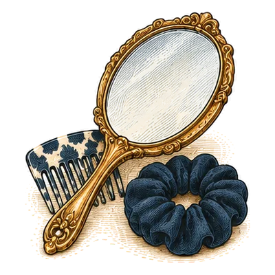 A gilded hand mirror, a patterned comb and a navy scrunchie