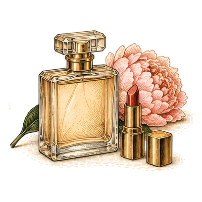 A perfume bottle, a red lipstick and a peony