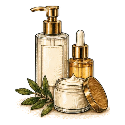 A pump bottle, a serum dropper and an open jar of cream