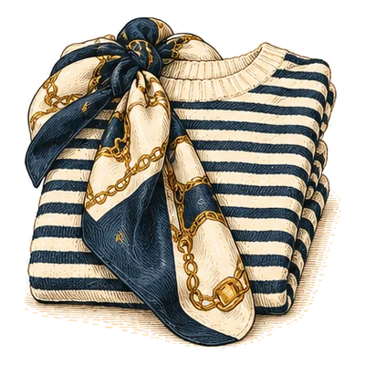 A folded striped sweater with a navy and gold silk scarf
