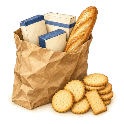A paper grocery bag of biscuit boxes and a baguette