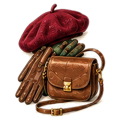 A burgundy beret, leather gloves and a brown leather crossbody bag