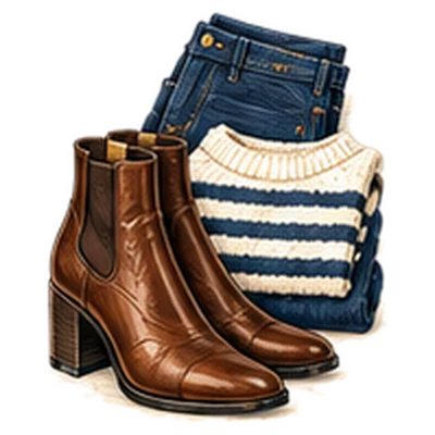 Brown ankle boots, folded dark jeans and a striped sweater