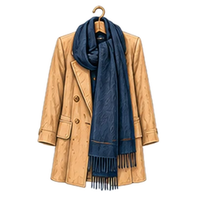 A camel coat on a hanger with a navy wool scarf