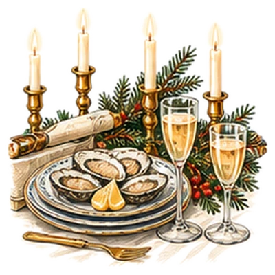 A Christmas Eve table with oysters, champagne, candles and white flowers