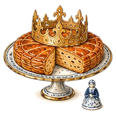 A galette des rois with a gold paper crown and a porcelain fève