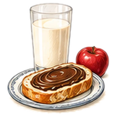 A slice of bread with chocolate spread, a glass of milk and an apple