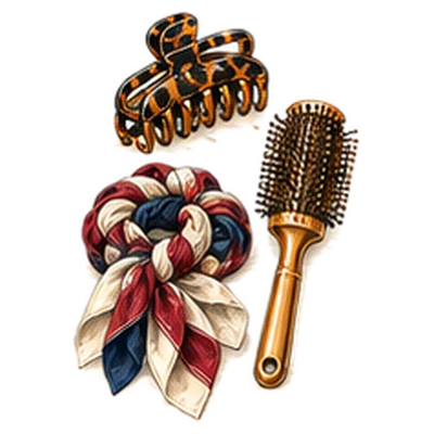 A claw clip, a silk scarf and a round brush