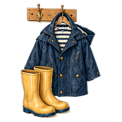 A child’s navy rain jacket on a hook above yellow wellies