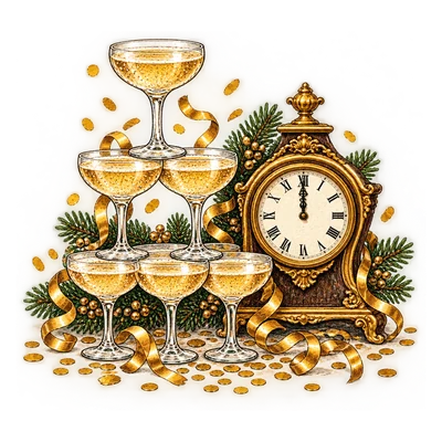A champagne coupe tower, gold confetti and a clock at midnight
