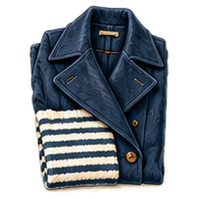 A navy pea coat folded over a striped Breton top
