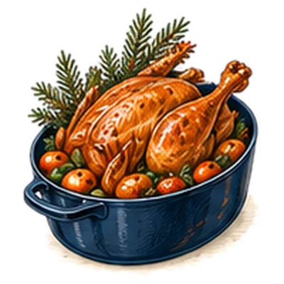 A roast chicken with root vegetables in a navy cast-iron pan