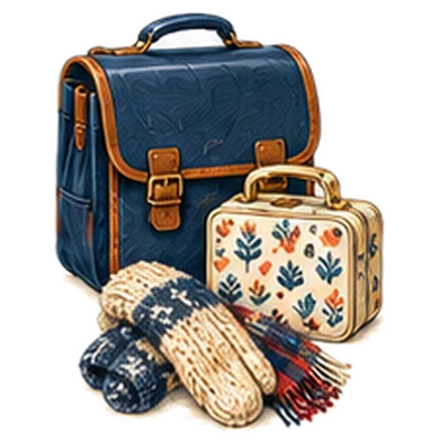 A navy school satchel with a lunch box, mittens and a plaid scarf