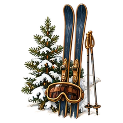 Wooden skis, poles and goggles beside a snowy fir tree