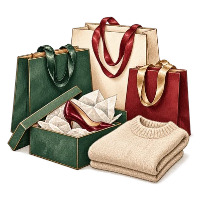 Shopping bags, a shoe box with red heels and a cashmere sweater