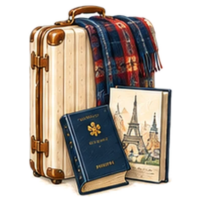 A suitcase with a plaid blanket, a passport and a Paris guidebook