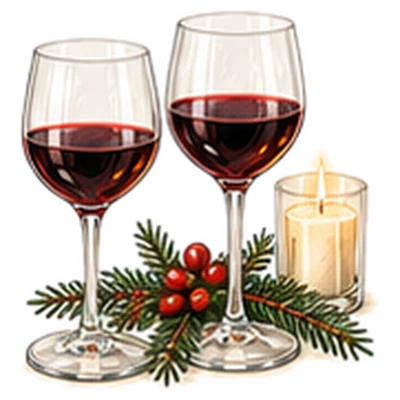 Two glasses of red wine, a candle, holly and pine