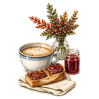 Café au lait, a tartine with jam and a small vase of autumn leaves