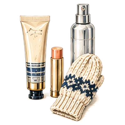 A hand cream, a lip balm and a thermal water spray beside a knitted mitten