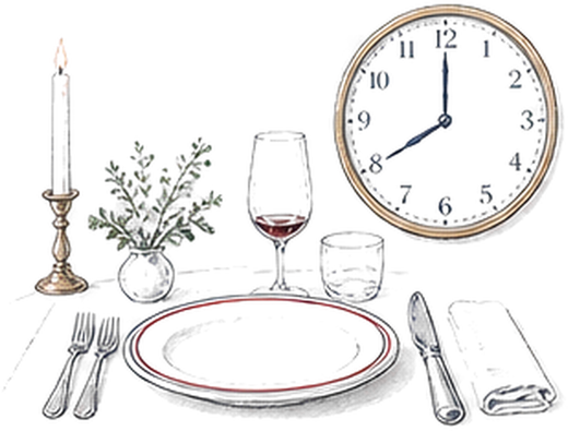 A table set for dinner under a clock showing eight