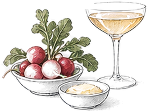 Radishes with butter and a glass