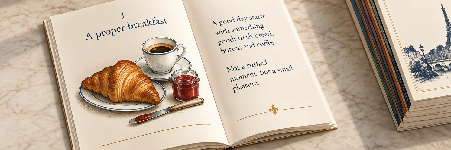 A field guide open on a marble counter at rule 1, A proper breakfast: a croissant, coffee and jam, with the box set beside it