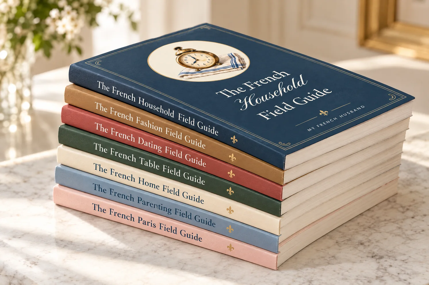 The seven French Field Guides stacked on a marble table, the Household guide on top
