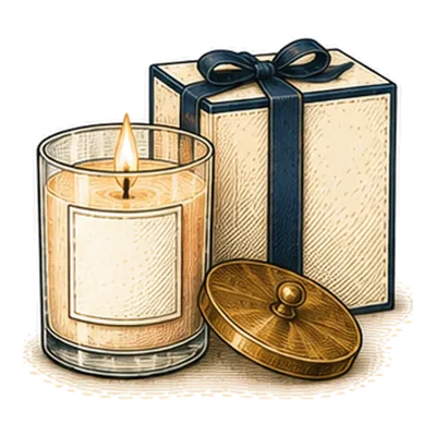 A lit candle in a glass jar beside a wrapped box and a brass lid