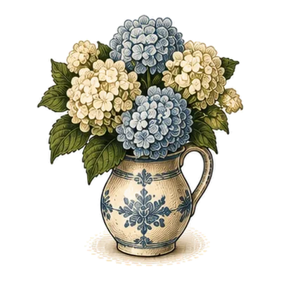 Blue and cream hydrangeas in a blue and white pitcher