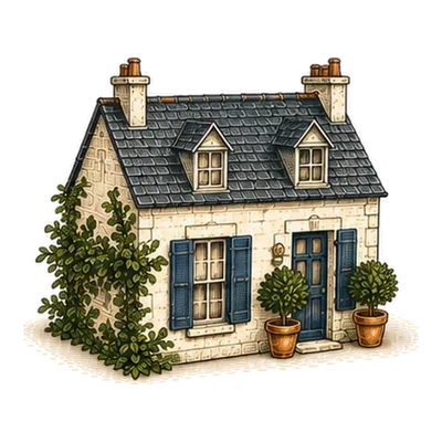A stone cottage with blue shutters and two potted trees by the door