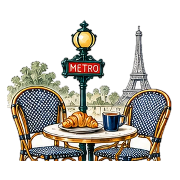 A café table with a croissant between two bistro chairs, a Métro sign and the Eiffel Tower behind