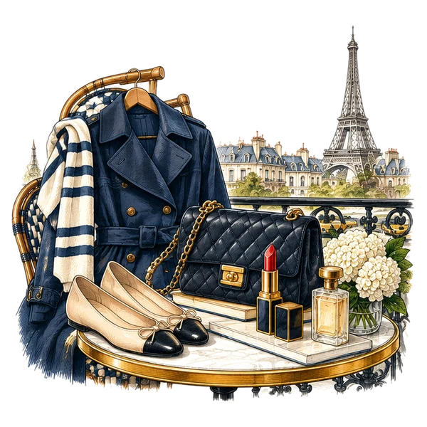 Paris fashion and beauty on a café table, the Eiffel Tower behind