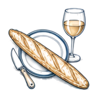 Drawing of a plate, a baguette, a glass of wine and a knife