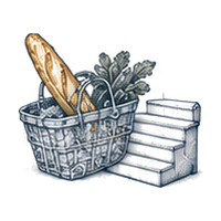 Drawing of a market basket with a baguette, beside a flight of steps