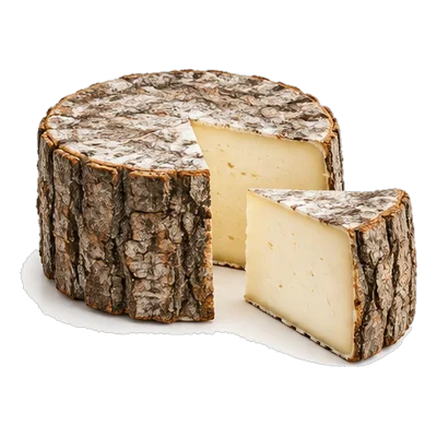 Bark-wrapped wheel of cheese with a wedge cut out