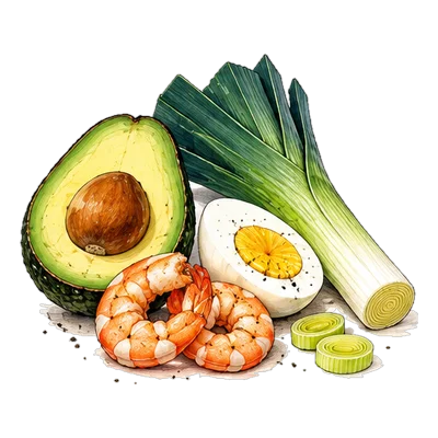 Avocado with shrimp, a halved egg and a leek