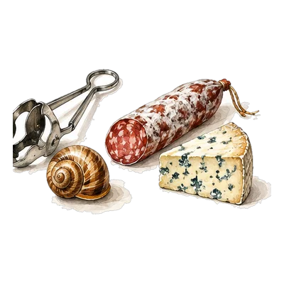 Escargot tongs and a shell, a sausage and a wedge of blue cheese