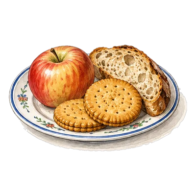 Plate with an apple, biscuits and bread
