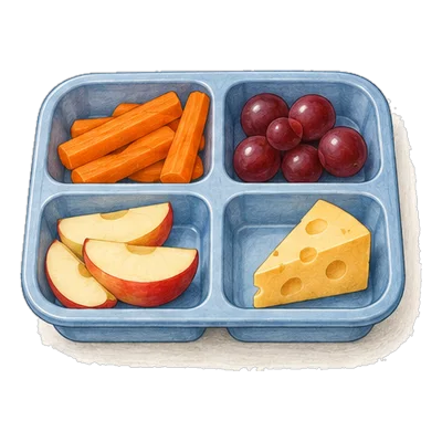 Four-compartment lunch tray with a wedge of cheese