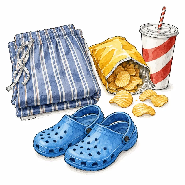Watercolor of striped pajama pants, blue foam clogs, a bag of chips and a soda cup