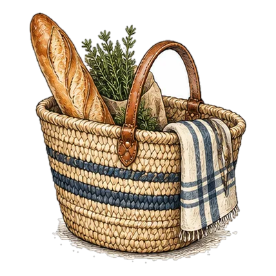 A market basket with a baguette, herbs and a striped tea towel