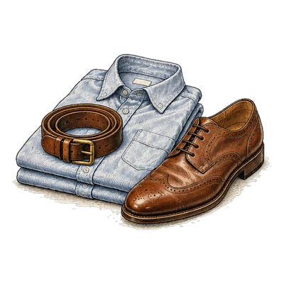 A folded blue shirt, a leather belt and a brown shoe