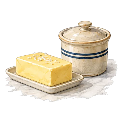 Block of salted butter beside a butter crock