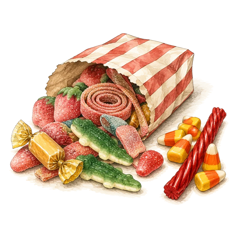 A striped paper candy bag spilling sugared strawberries, sour belts, gummy crocodiles and a caramel